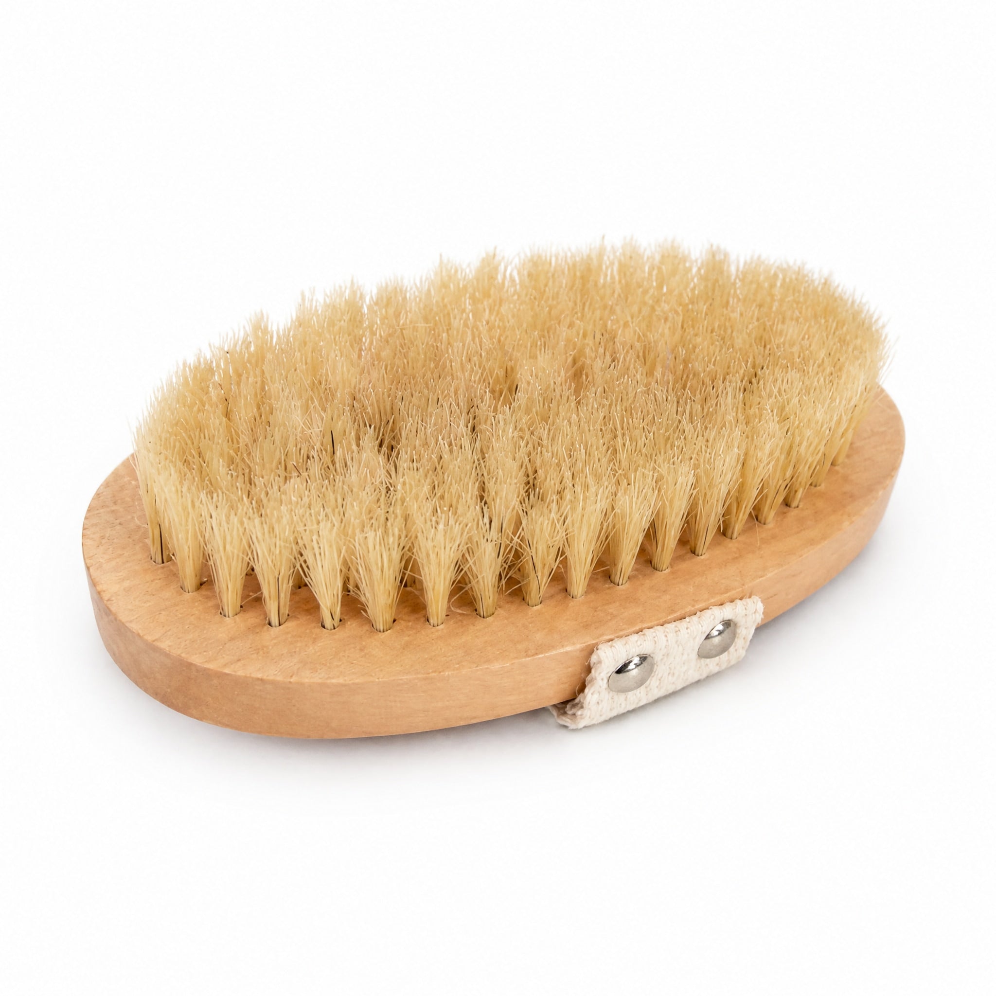 Palm held body brush with hand strap by WRSG Accessories available from White Rock Soap Gallery in Dallas