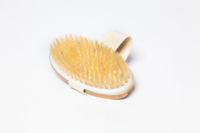 Palm held body brush with hand strap